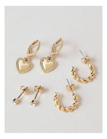 Drop Twist & Stud Earrings 3 Pack in Gold