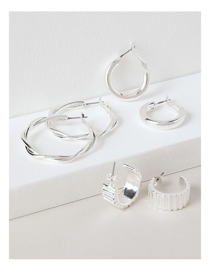 Twist Hoop Earrings 3 Pack in Silver