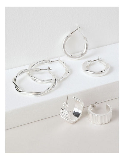 Twist Hoop Earrings 3 Pack in Silver