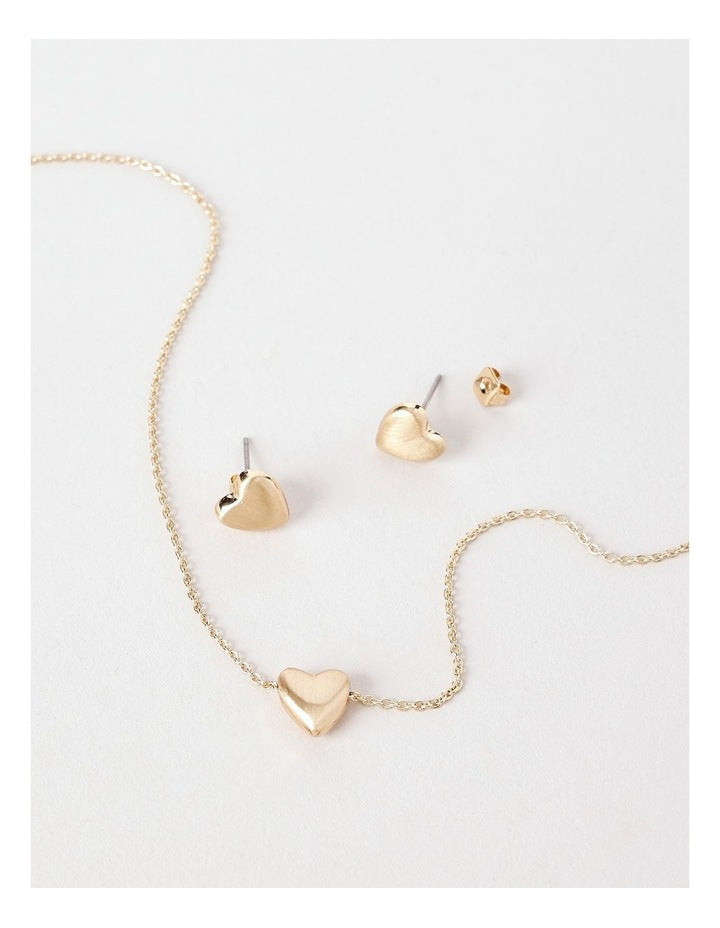 Solid Heart & Earring Necklace Set in Gold