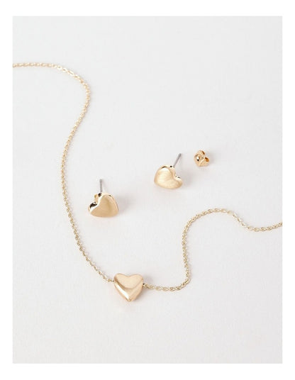 Solid Heart & Earring Necklace Set in Gold
