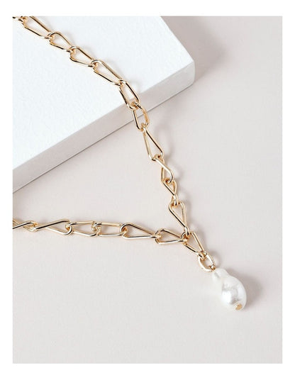 Pearl Drop Link Chain Necklace in Gold