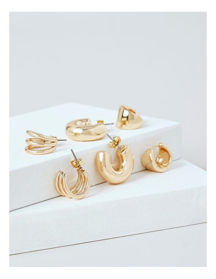 Mini Claw & Smooth Earrings 3 Pack in Gold