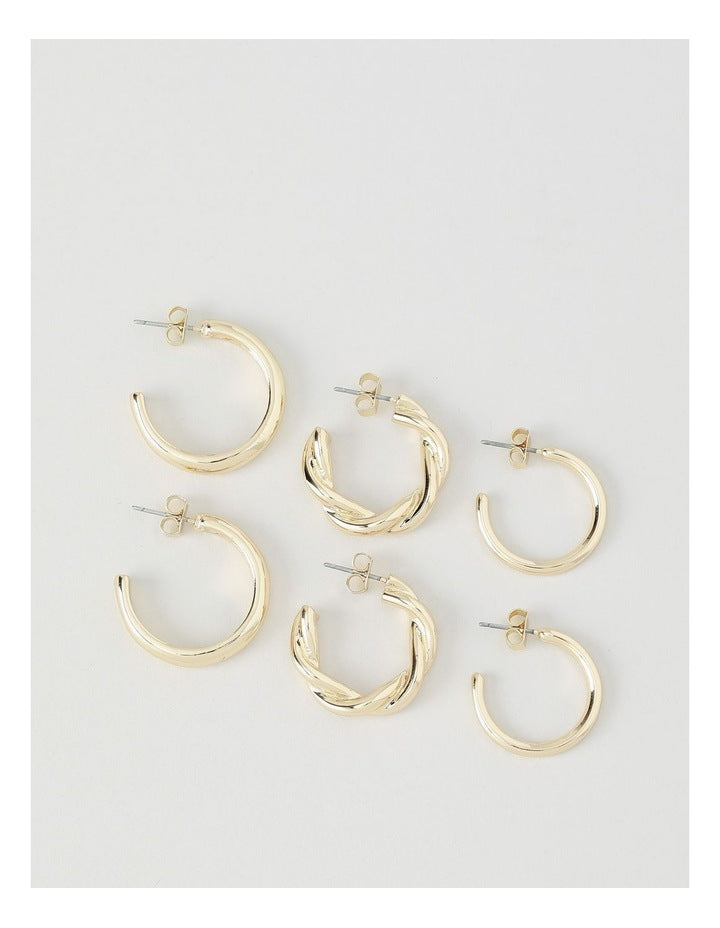 Twist & Smooth Earrings 3 Pack in Gold