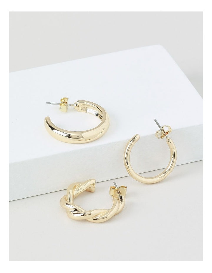 Twist & Smooth Earrings 3 Pack in Gold