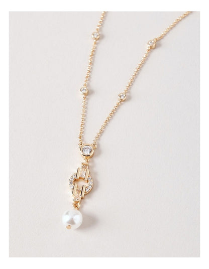 Pearl & Diamante Pendant Necklace in Gold
