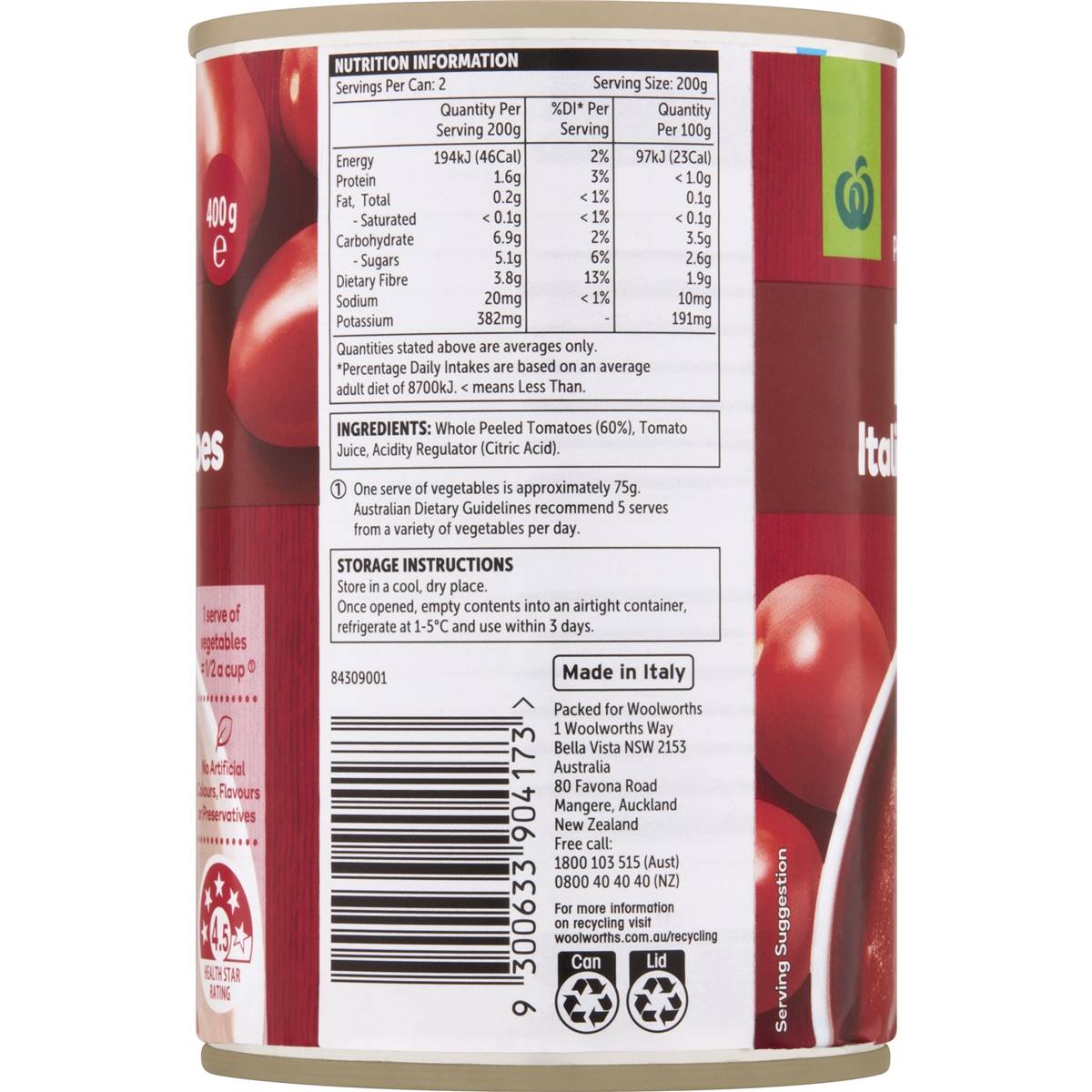 Woolworths Italian Peeled Tomatoes 400g