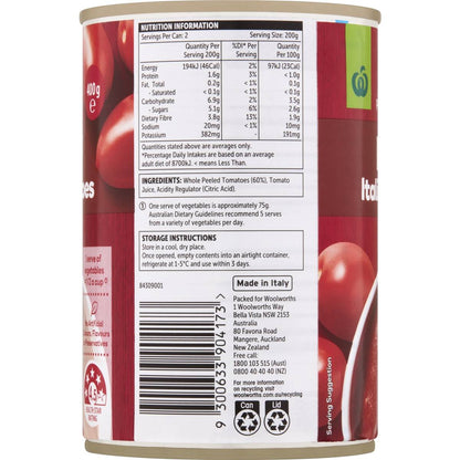 Woolworths Italian Peeled Tomatoes 400g