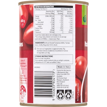Woolworths Italian Peeled Tomatoes 400g