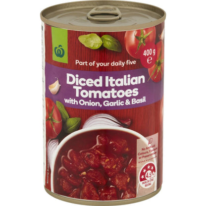 Woolworths Italian Tomatoes With Onion Garlic & Basil 400g