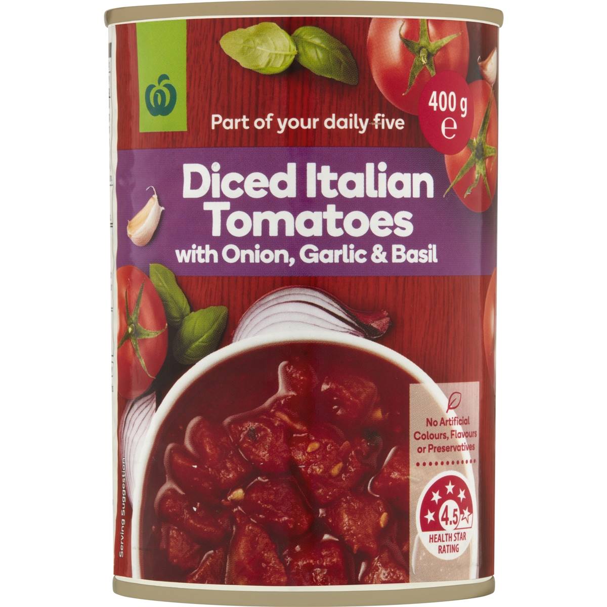Woolworths Italian Tomatoes With Onion Garlic & Basil 400g