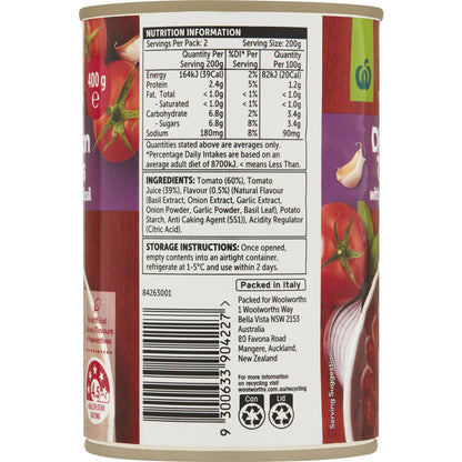 Woolworths Italian Tomatoes With Onion Garlic & Basil 400g