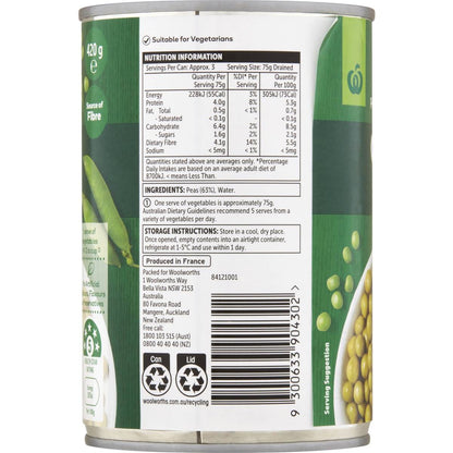 Woolworths Garden Peas Green 420g
