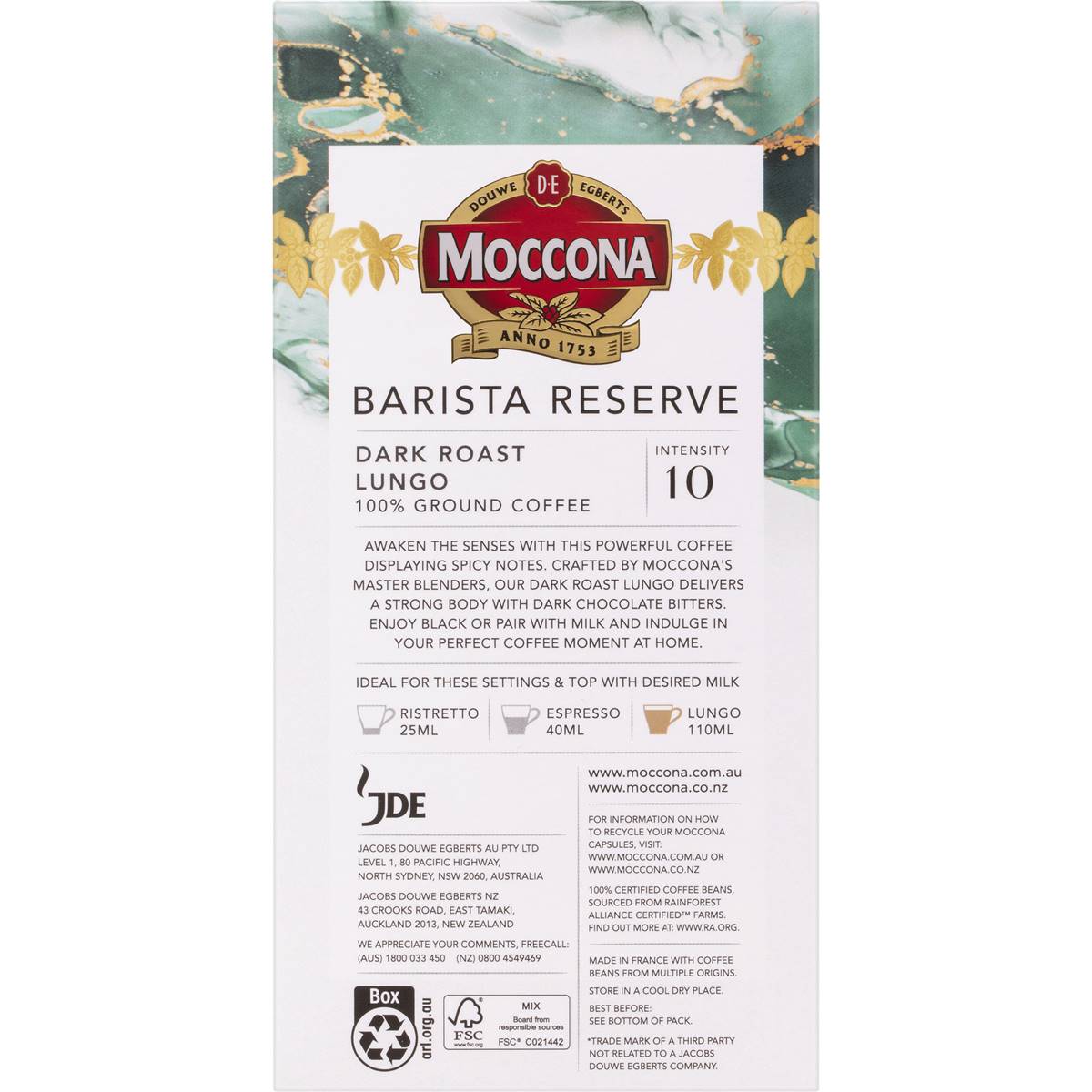 Moccona Barista Reserve Capsules Dark Roast Lungo 10 Pack