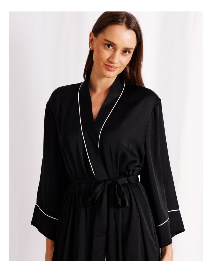 Signature Satin Long Robe in Black