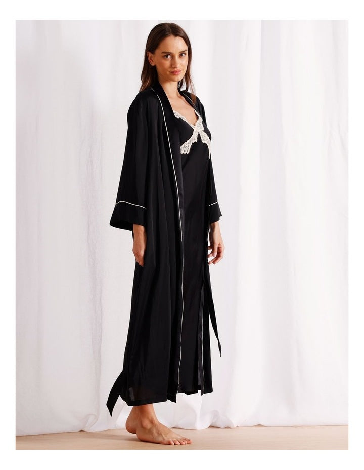 Signature Satin Long Robe in Black
