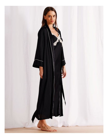Signature Satin Long Robe in Black