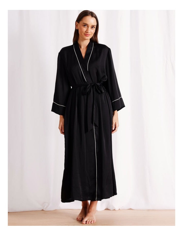 Signature Satin Long Robe in Black