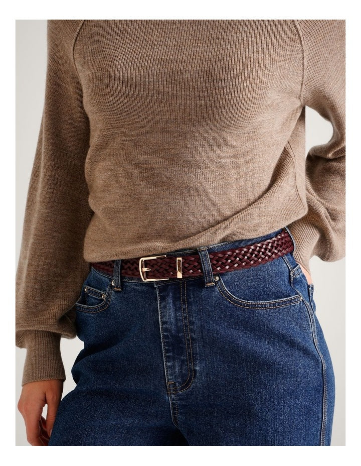 Audrey Woven Texture Belt in Burgundy