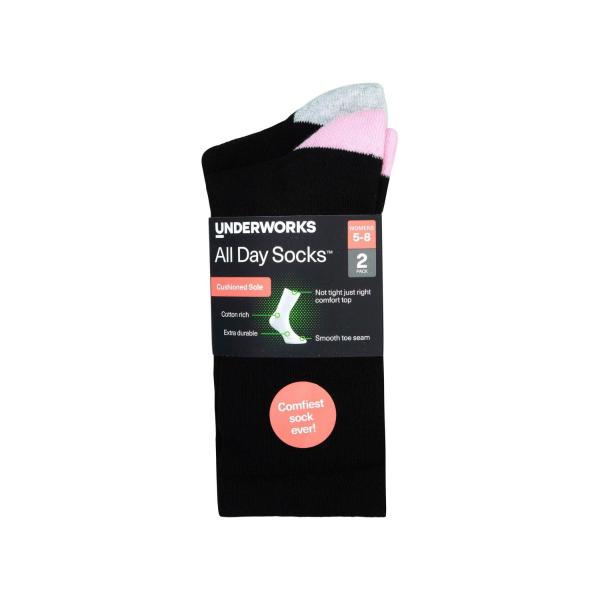 ALL DAY LADIES CUSHION FOOT SOCKS BLACK 2PACK:SIZE 5 - 8:.:2 PACK