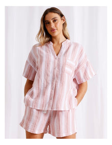 Divine Cheesecloth Mandarin Collar Short Sleeve PJ Set in Terracotta Stripe Print