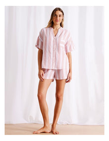 Divine Cheesecloth Mandarin Collar Short Sleeve PJ Set in Terracotta Stripe Print