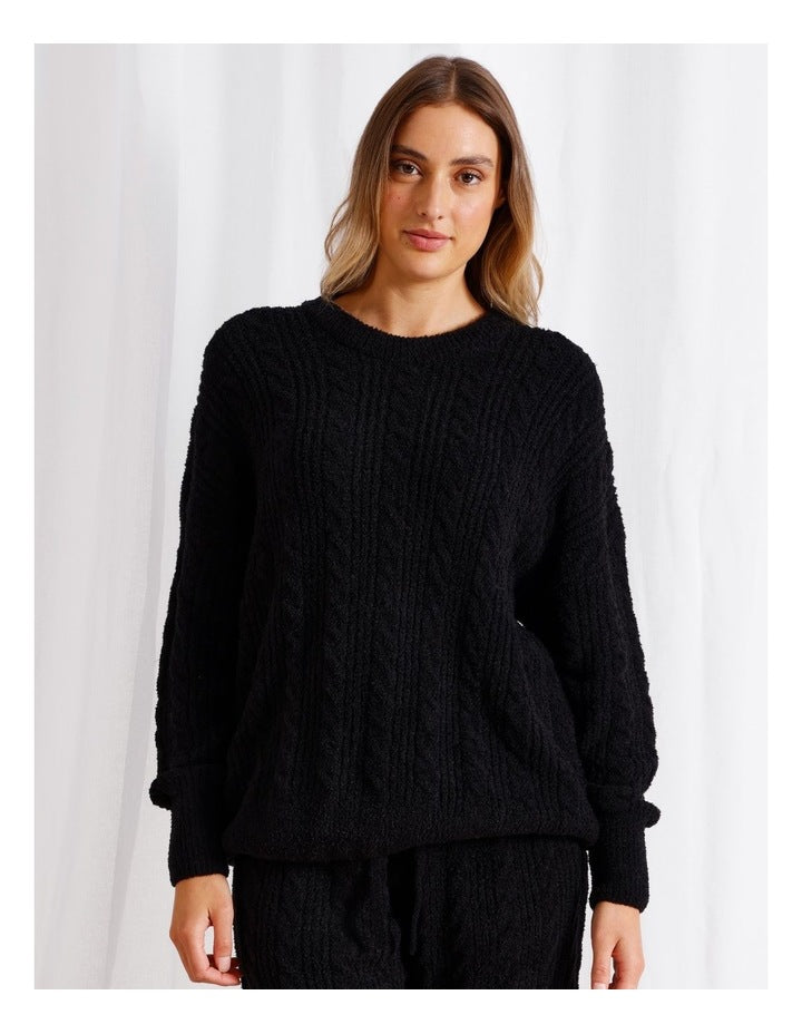 Cosy Cable Crew Long Sleeve Top in Black