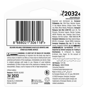 Energizer 2032 CR2032 Lithium Coin Battery 4 pack