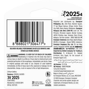 Energizer 2025 CR2025 Lithium Coin Battery 4 pack