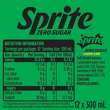Sprite Zero Sugar Lemonade Soft Drink Mini Bottles 300mL x 12 pack