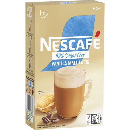 Nescafe 98% Sugar Free Vanilla Malt Latte Coffee Sachets 10 Pack