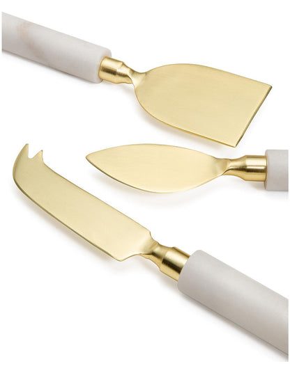 White Marble Cheese Knives Set of 3 Gold Finish