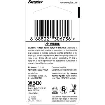 Energizer 2430 CR2430 Lithium Coin Battery each