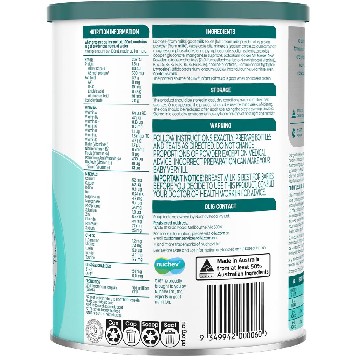 Oli6 Goat Milk Infant Formula Stage 1, 0-6 Months 800g