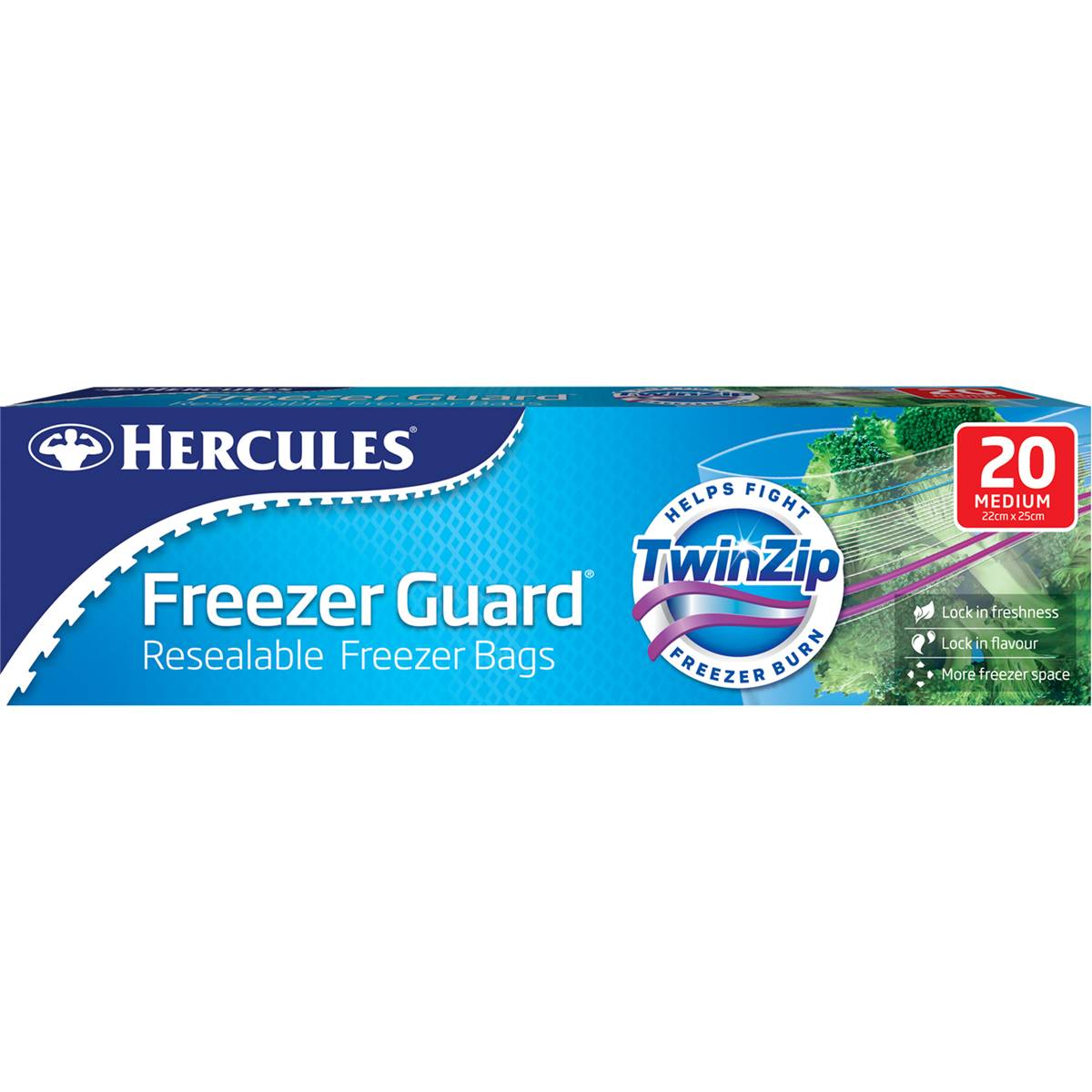 Hercules Freezer Guard Resealable Freezer Bags Twin Zip Medium 20 pack