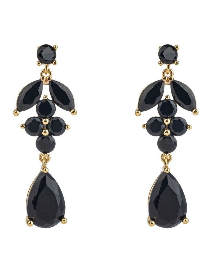 GJEC074M- Leaf Drop Earrings in Black