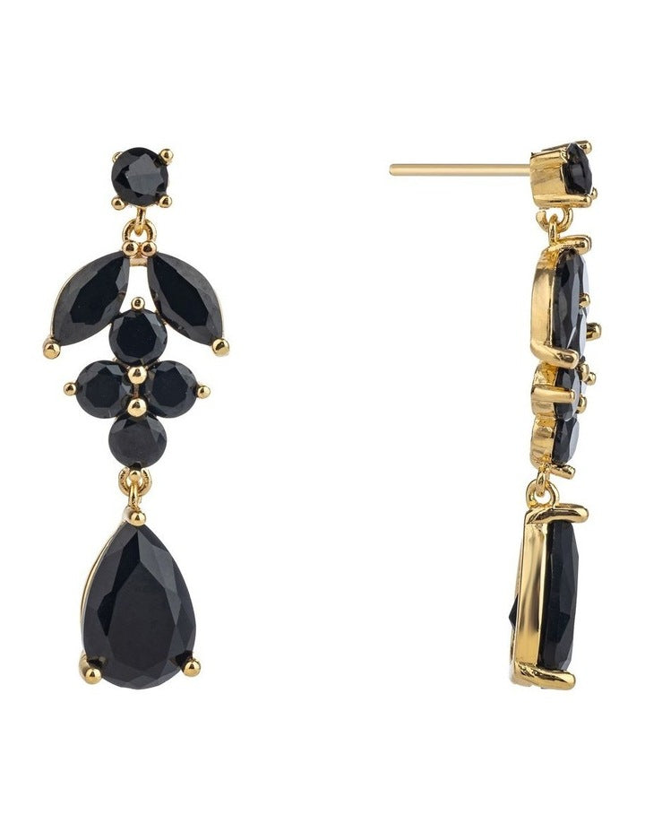GJEC074M- Leaf Drop Earrings in Black