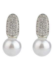 GJEC055M- CZ And Pearl Earrings in Rhodium