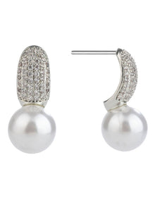 GJEC055M- CZ And Pearl Earrings in Rhodium