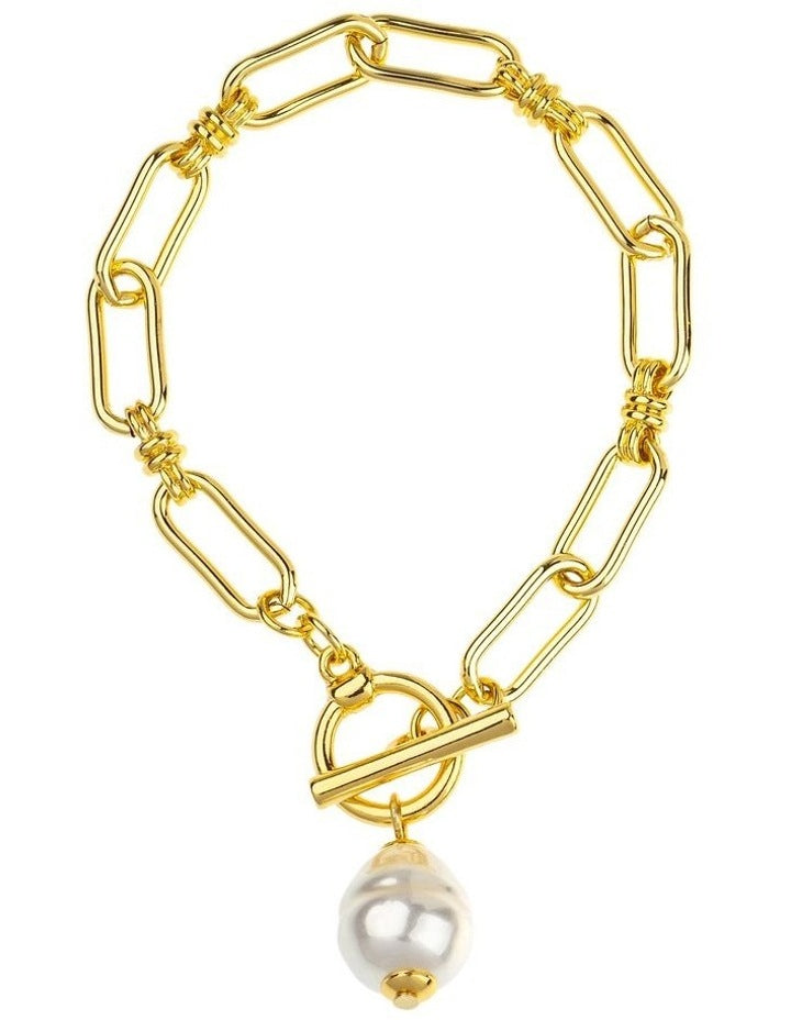 GJBC001M- Link Bracelet With Pearl Fob in Gold