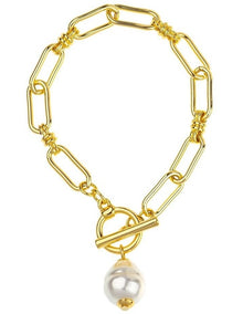 GJBC001M- Link Bracelet With Pearl Fob in Gold