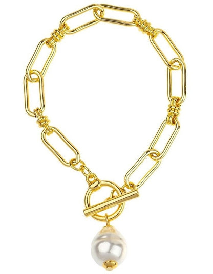 GJBC001M- Link Bracelet With Pearl Fob in Gold