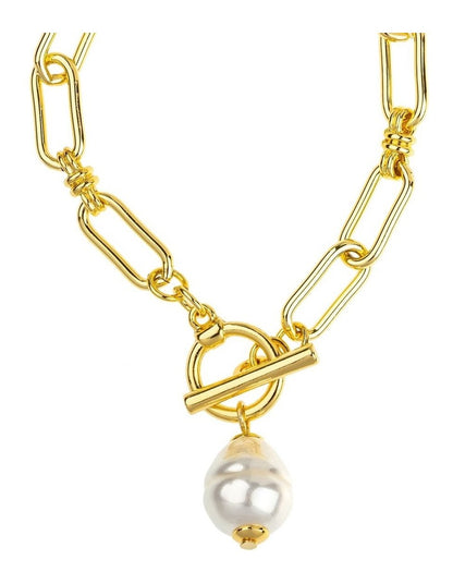 GJBC001M- Link Bracelet With Pearl Fob in Gold