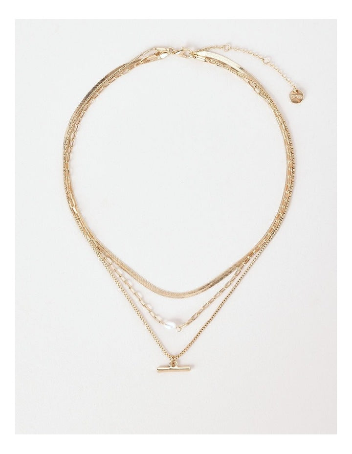 T Bar & Pearl Necklace in Gold