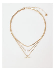 T Bar & Pearl Necklace in Gold