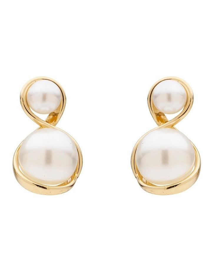 Curved Duo Pearl Drop Earrings in Pearl