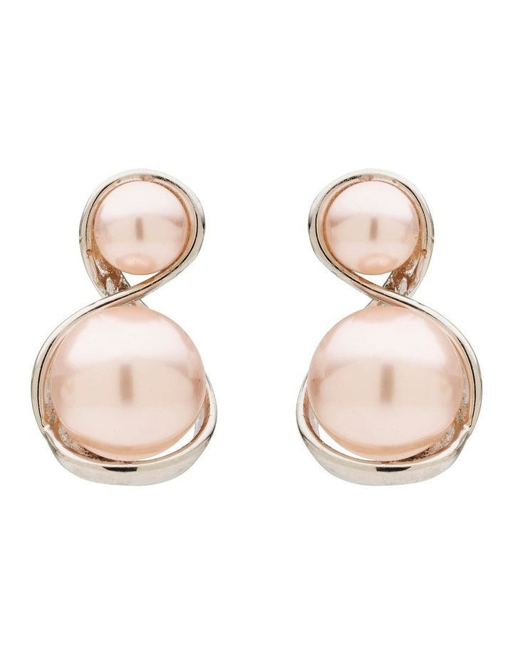 Curved Duo Pearl Drop Earrings in Pink