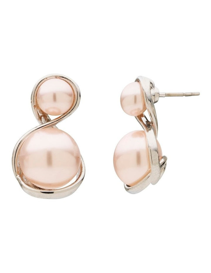 Curved Duo Pearl Drop Earrings in Pink