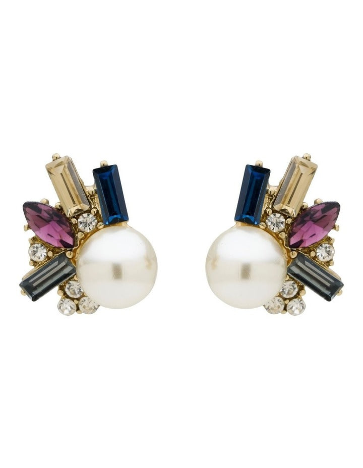 Pearl and Crystal Baguette Stud Earrings in Multicolour