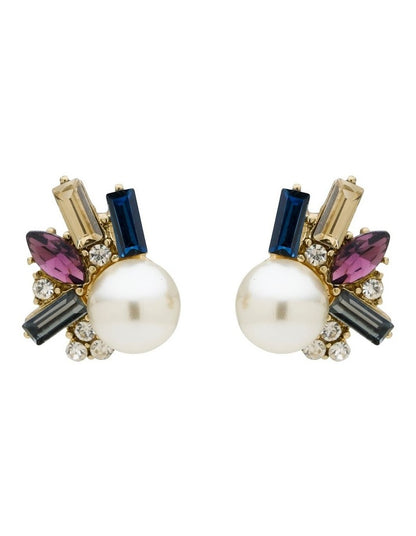Pearl and Crystal Baguette Stud Earrings in Multicolour